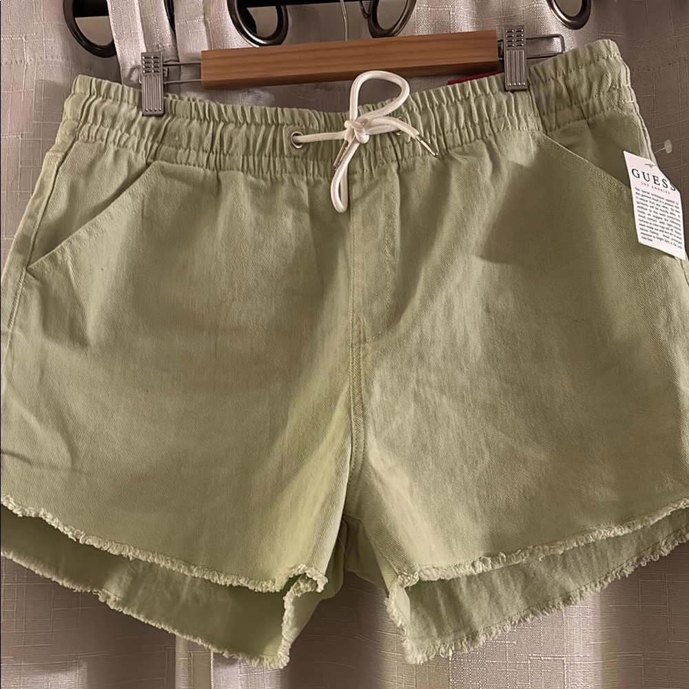 Guess Green Jean Shorts with Elastic Waistband &‎ frayed hem - size XL